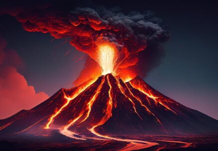 erupting volcano spewing fiery ash into the sky