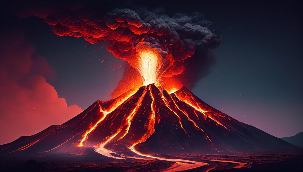 erupting volcano spewing fiery ash into the sky