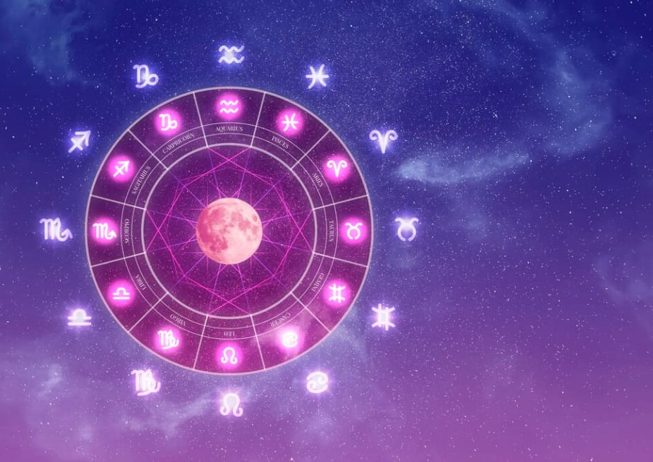 A vibrant astrological chart with symbols and a central pink moon against a starry sky